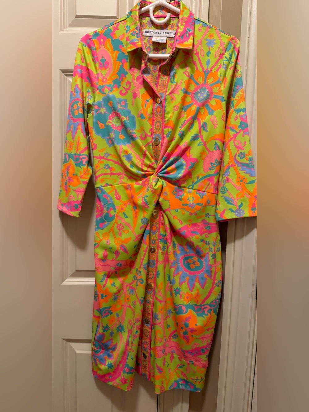 Gretchen Scott Twist & Shout Dress in the "Magic Carpet" (Lime/Brights) Print M